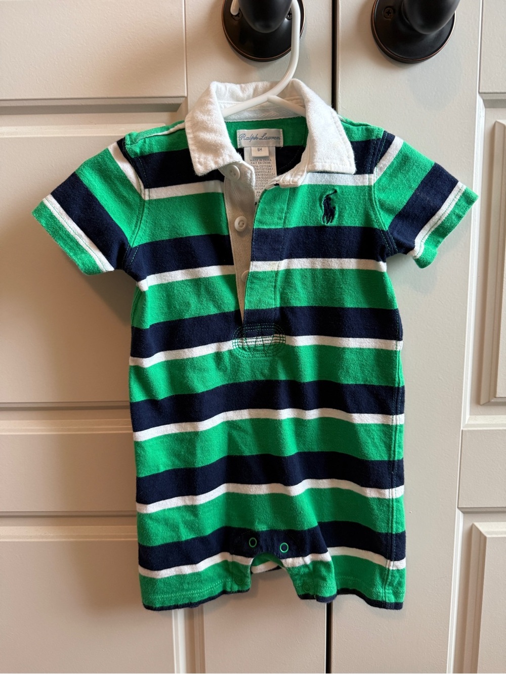 Ralph Lauren Green, Navy & White Striped Polo Romper